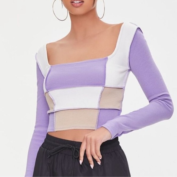 NWT Forever 21 Ribbed Colorblock Long Sleeve Crop Top Small 90s Y2K Square neck - Picture 2 of 8
